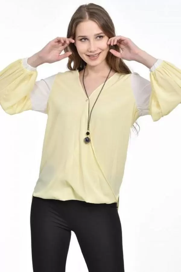 Takı Detaylı Uzun Kollu Sarı Kadın Bluz