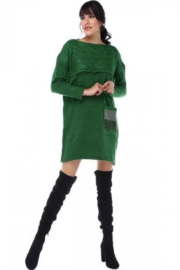 Taş Detaylı Saç Örgülü Cepli Yeşil Triko Kadın Tunik