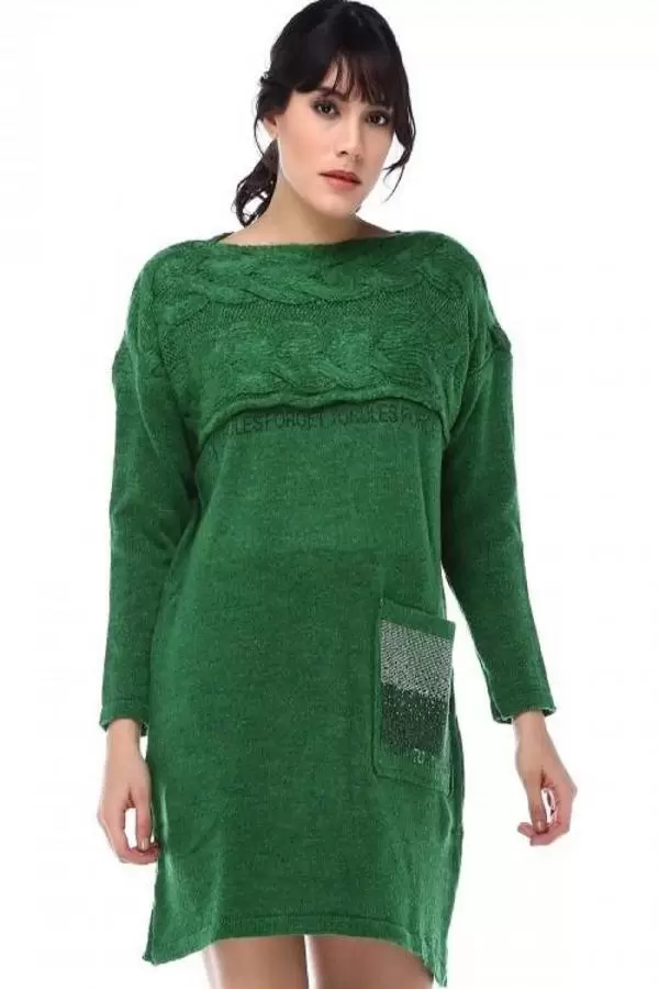 Taş Detaylı Saç Örgülü Cepli Yeşil Triko Kadın Tunik