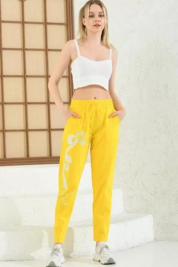 Taş İşlemeli Belden Lastikli Sarı Kadın Pantolon