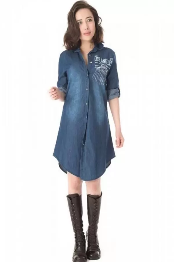 Taşlı ve Baskılı Koyu Mavi Kadın Tunik