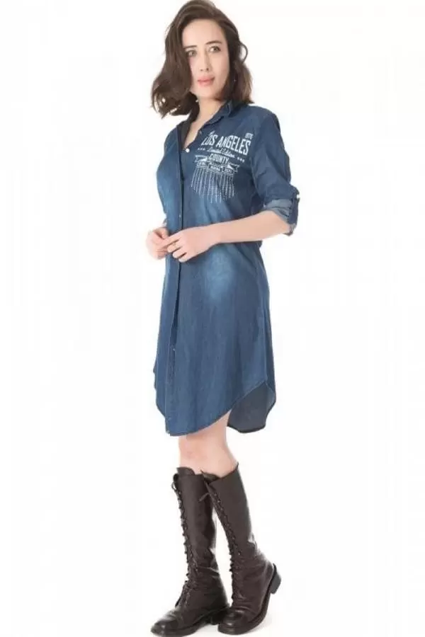 Taşlı ve Baskılı Koyu Mavi Kadın Tunik
