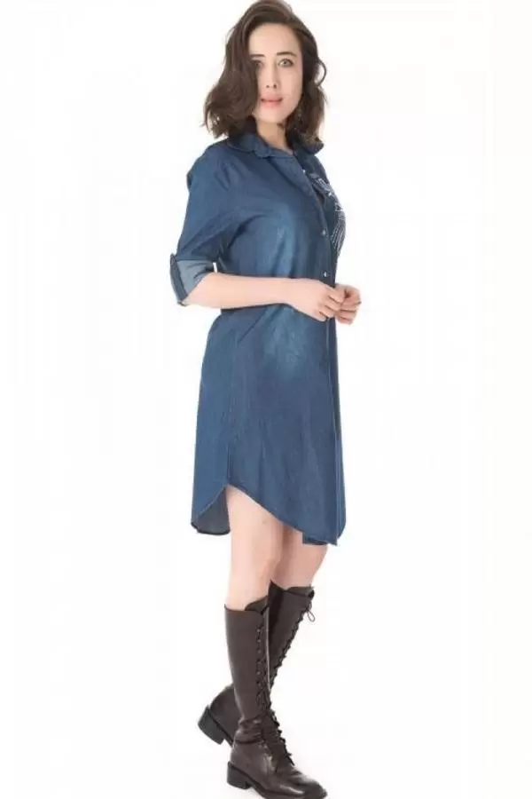 Taşlı ve Baskılı Koyu Mavi Kadın Tunik