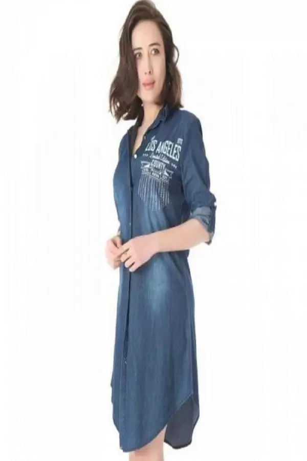 Taşlı ve Baskılı Koyu Mavi Kadın Tunik