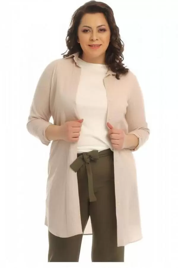 Tişört Kombinli Bej Uzun Kadın Keten Gömlek (Küçük Beden)