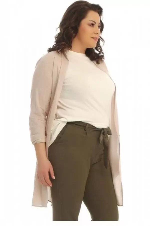 Tişört Kombinli Bej Uzun Kadın Keten Gömlek (Küçük Beden)