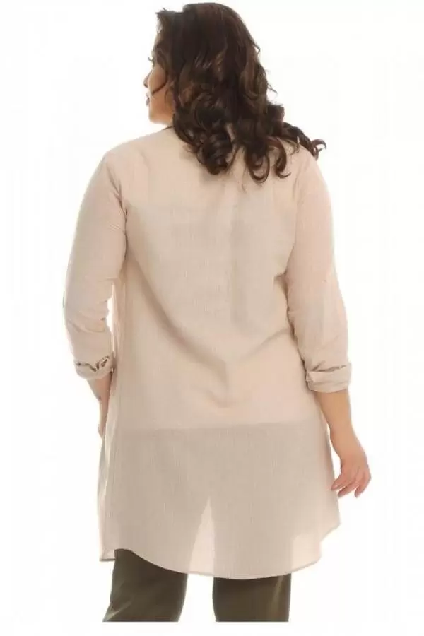 Tişört Kombinli Bej Uzun Kadın Keten Gömlek (Küçük Beden)