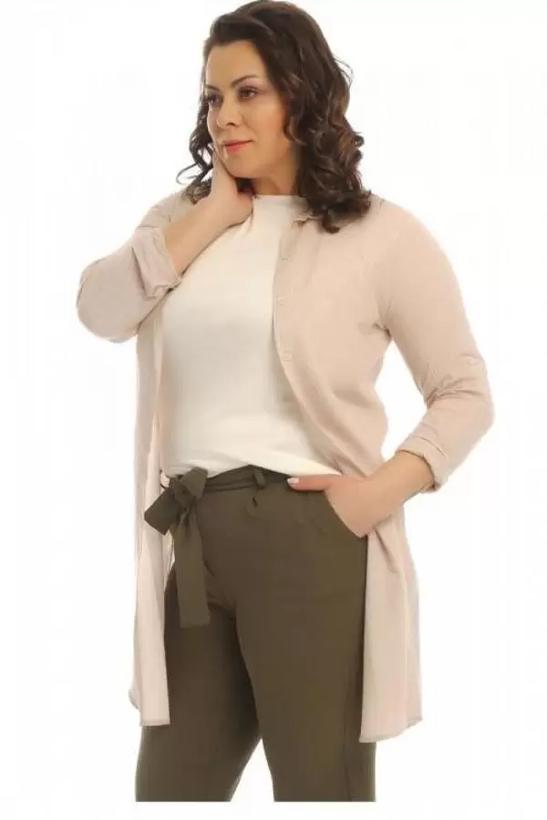 Tişört Kombinli Bej Uzun Kadın Keten Gömlek (Küçük Beden)