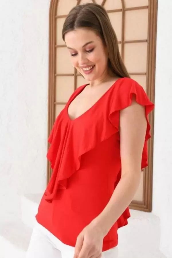 U Yaka Sırt Detaylı Asimetrik Kesim Kırmızı Kadın Bluz