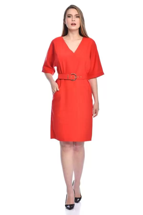 V Yaka Cepli Toka ve Kemerli Kırmızı Abiye Kadın Elbise