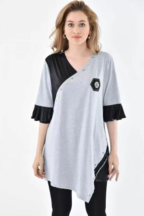 V Yaka Dantel ve Taş Detaylı Asimetrik Kesim Gri Kadın Bluz