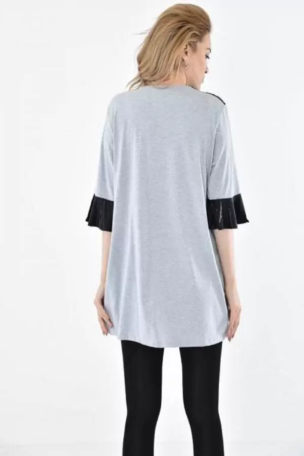 V Yaka Dantel ve Taş Detaylı Asimetrik Kesim Gri Kadın Bluz