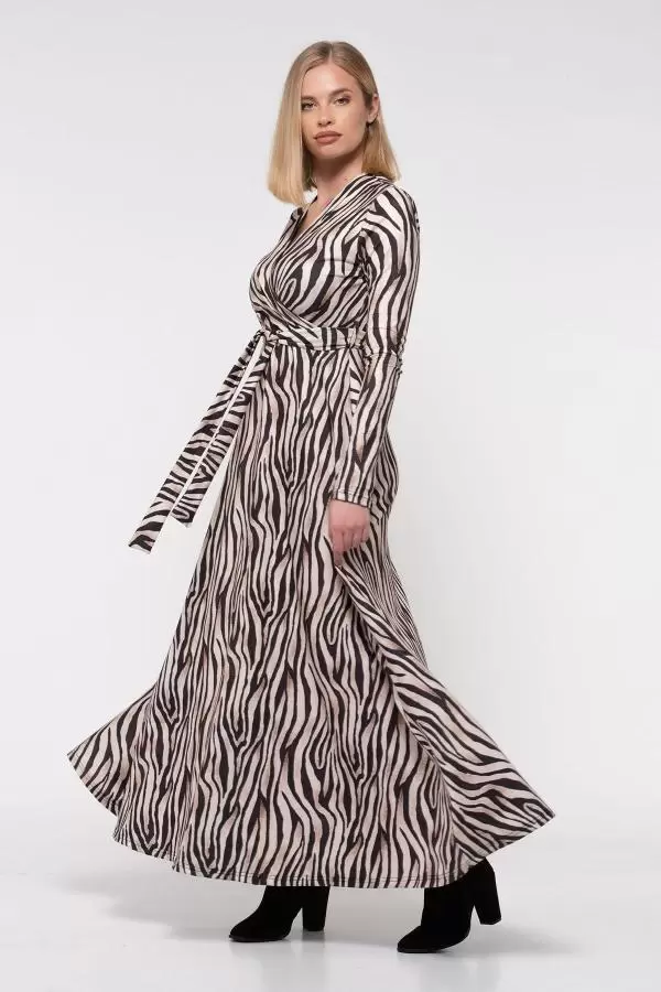 V Yaka Dekolte Zebra Desenli Kemerli Kadife Elbise