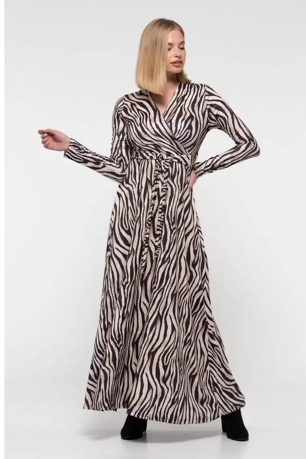 V Yaka Dekolte Zebra Desenli Kemerli Kadife Elbise