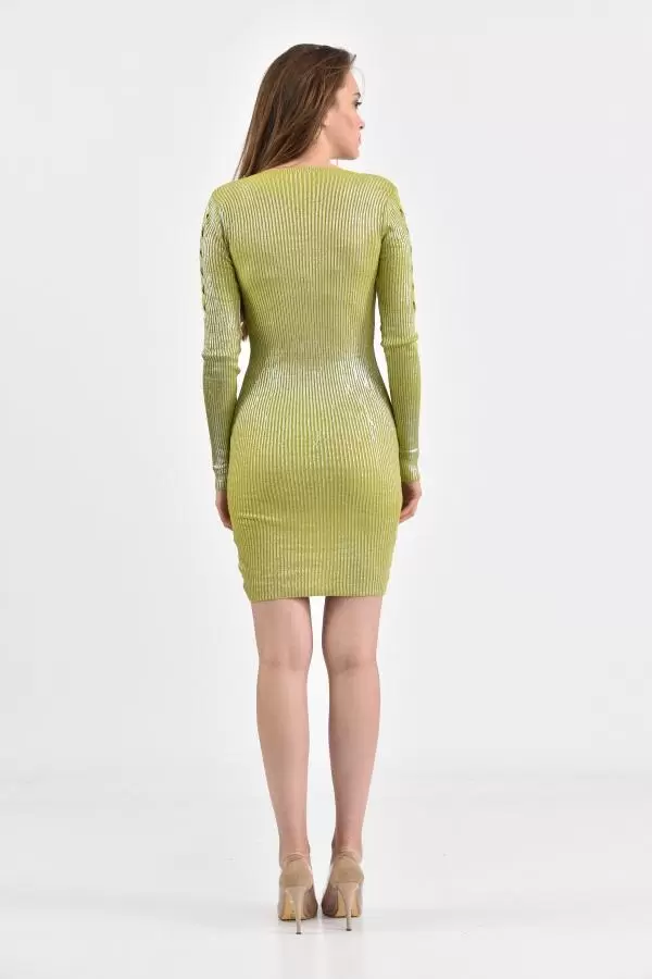 V Yaka Kol Detaylı Triko Yeşil Kadın Elbise