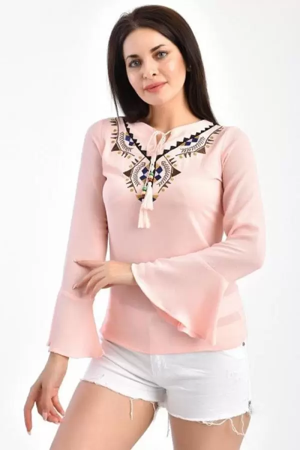 V Yaka Nakışlı Volen Uzun Kollu Pudra Kadın Bluz