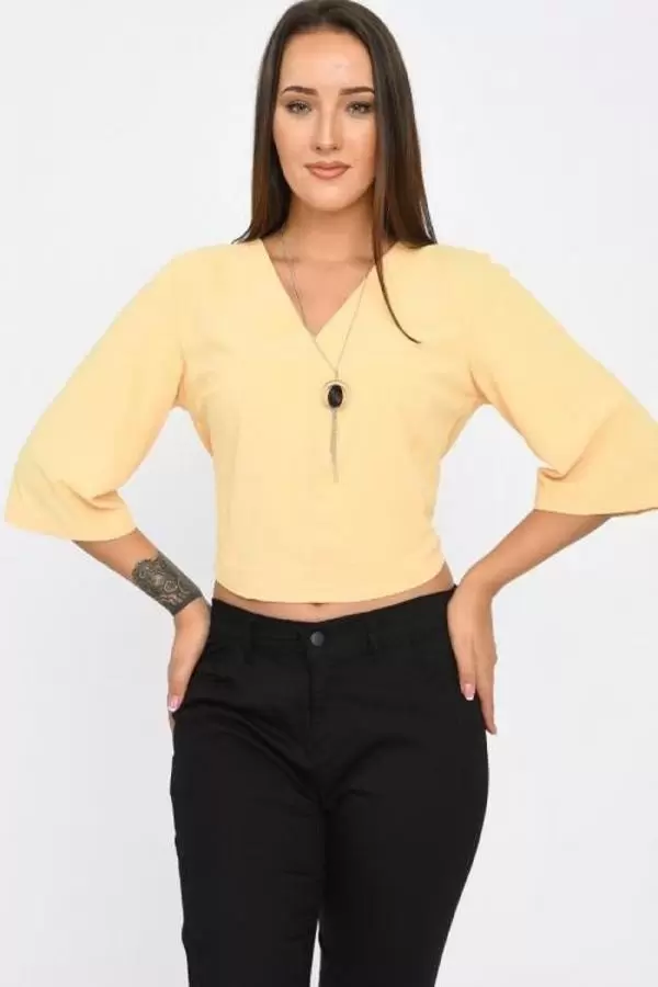 V Yaka Takı ve Sırt Detaylı Uzun kollu Sarı Kadın Bluz