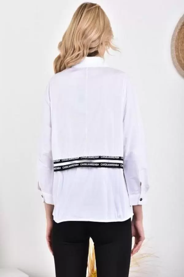 Yan ve Arka Şeritli Uzun Yarasa Kollu Beyaz Kadın Gömlek