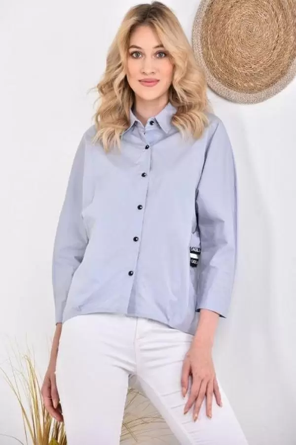 Yan ve Arka Şeritli Uzun Yarasa Kollu Gri Kadın Gömlek