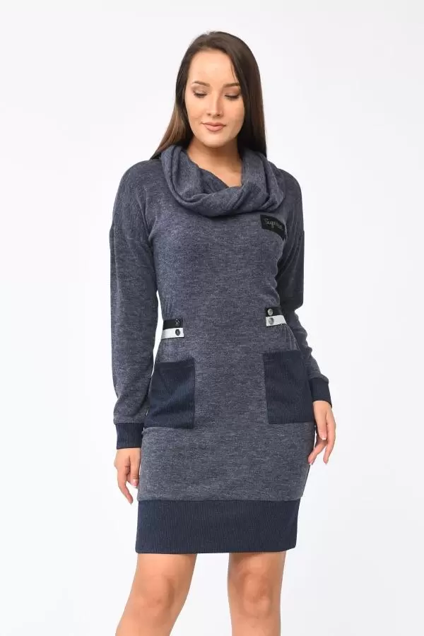 Yandan Şerit ve Cepli Degaje Yaka Lacivert Kadın Elbise