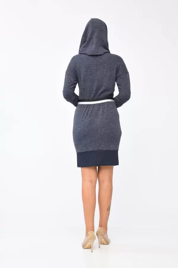 Yandan Şerit ve Cepli Degaje Yaka Lacivert Kadın Elbise