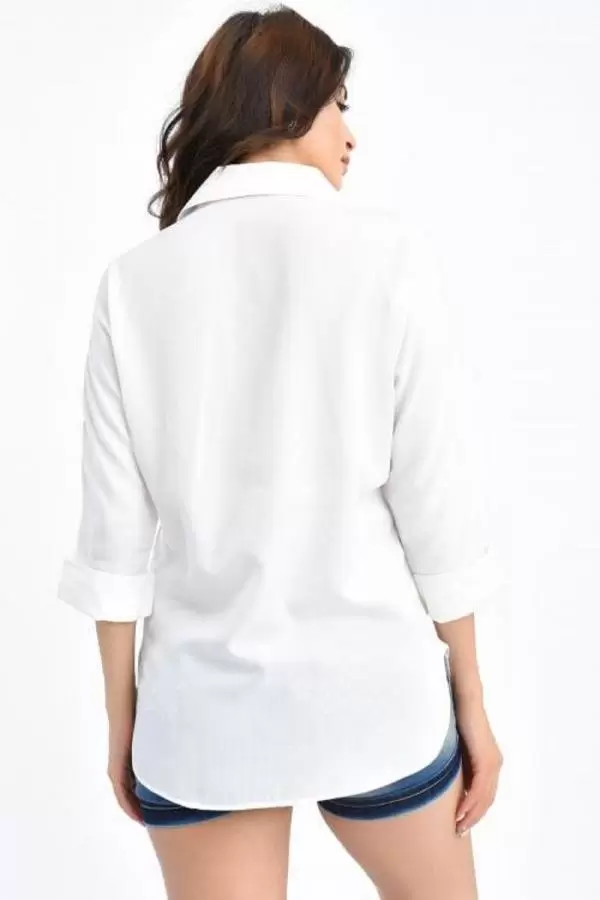 Yaprak Taş Dizili Kısa Kollu Beyaz Kadın Gömlek