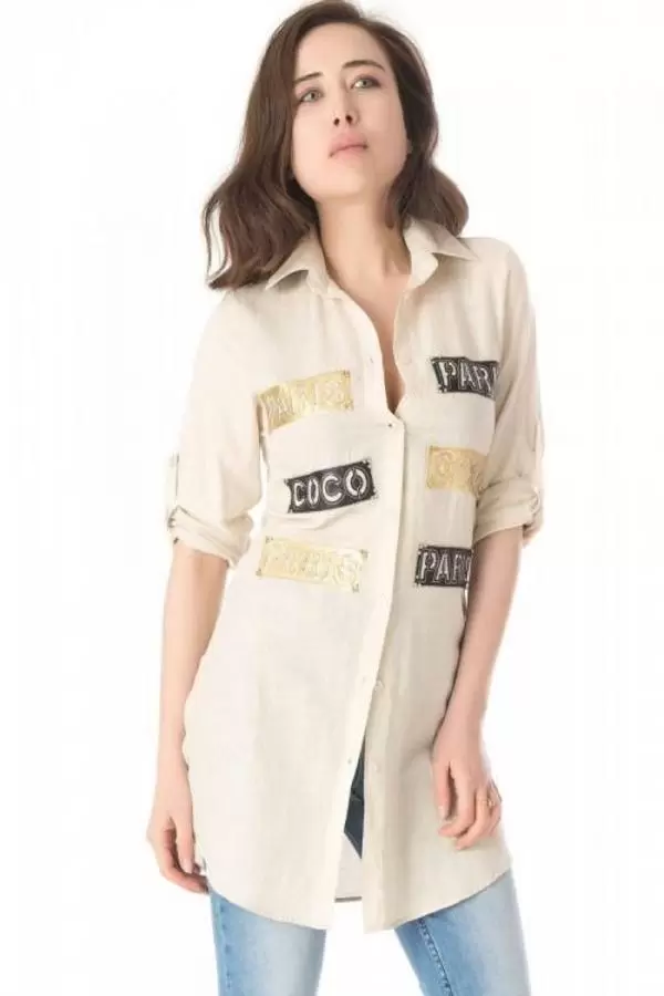 Yazı ve Taş Detaylı Bej Uzun Kadın Keten Gömlek