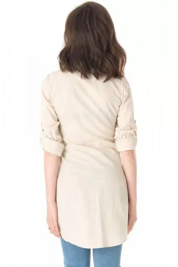 Yazı ve Taş Detaylı Bej Uzun Kadın Keten Gömlek