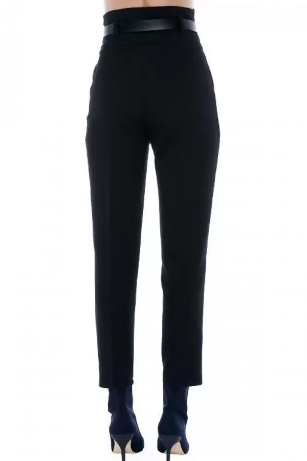 Yüksek Bel Deri Kemerli Siyah Bilek Kadın Pantolon
