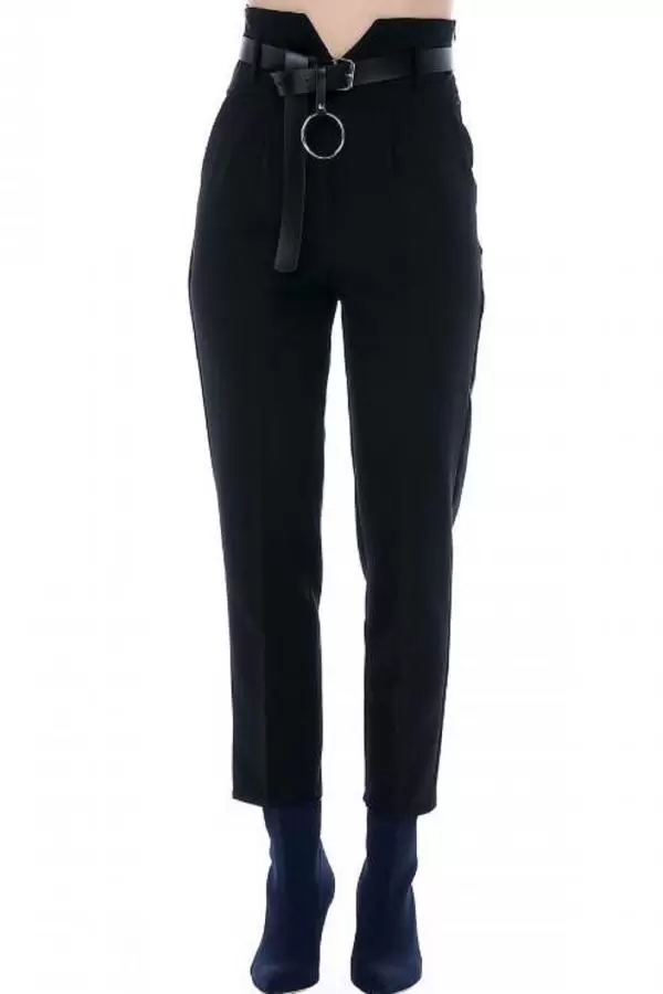 Yüksek Bel Deri Kemerli Siyah Bilek Kadın Pantolon