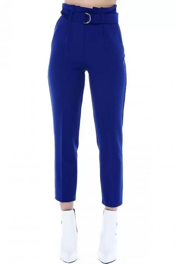 Yüksek Bel Tokalı Saks Mavi Bilek Kadın Pantolon