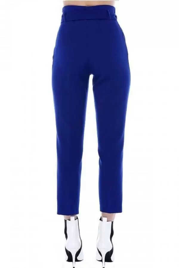 Yüksek Bel Tokalı Saks Mavi Bilek Kadın Pantolon