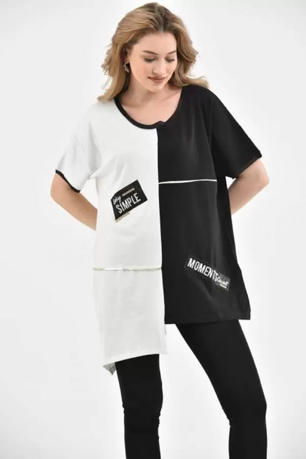 Yuvarlak Yaka Taşlı Asimetrik Kesim Siyah-Beyaz Kadın Bluz