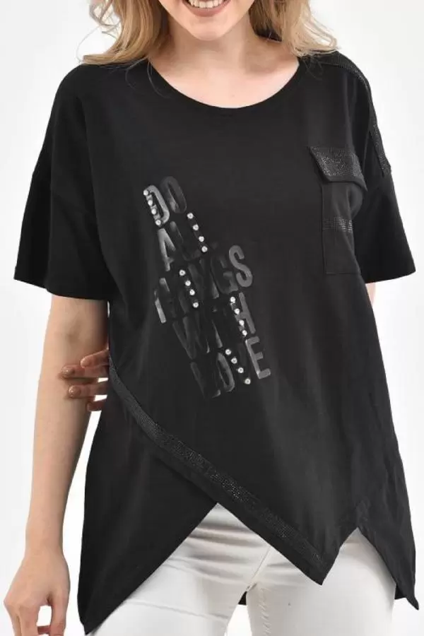 Yuvarlak Yaka Taşlı Baskılı ve Şeritli Asimetrik Kesim Siyah Kadın Bluz