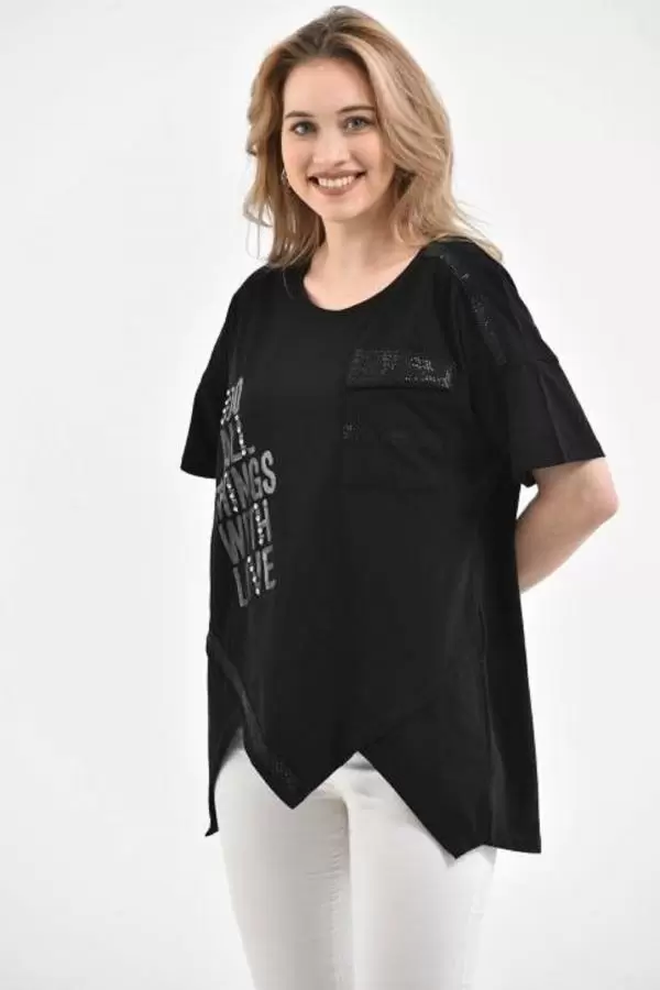 Yuvarlak Yaka Taşlı Baskılı ve Şeritli Asimetrik Kesim Siyah Kadın Bluz